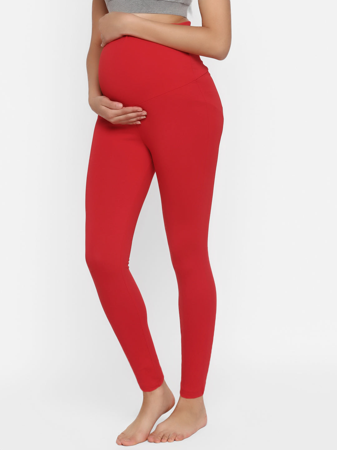 High Waisted Red Pregnancy Leggings with Pockets