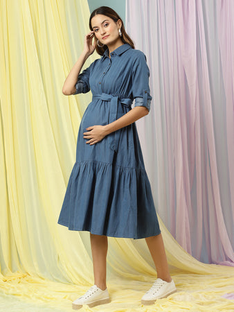 Buy VYN Women Solid Maternity Dress Cotton Denim Fabric Sleeveless Round  Neck Long Dress Comfortable Flared Women's Maternity Pregnancy Dress for  Nursing Pre and Post-Pregnancy (Dark Blue, M) at Amazon.in