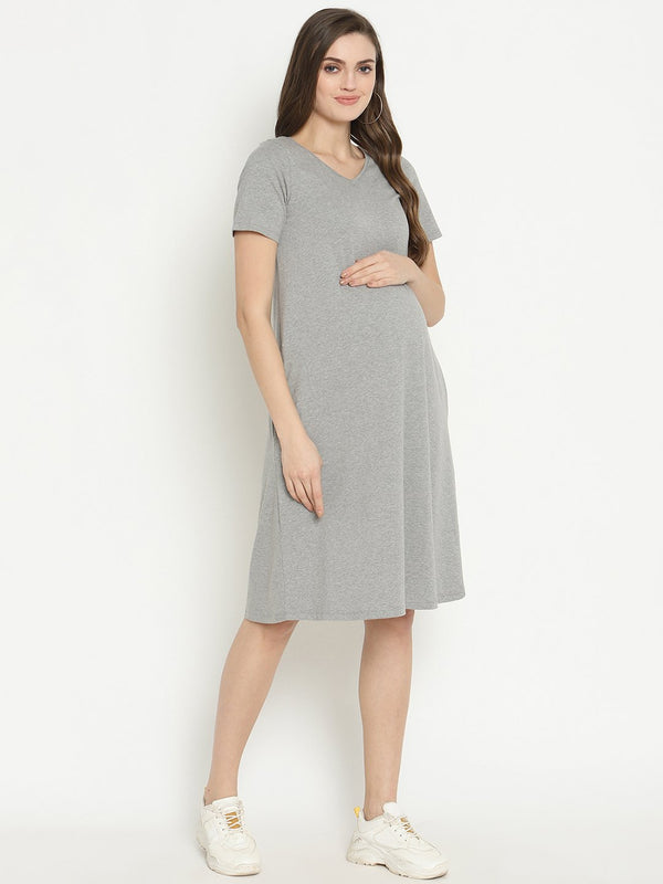 Buy Grey Hand Block Printed Cotton Maternity Dress, PN110/MPRT9