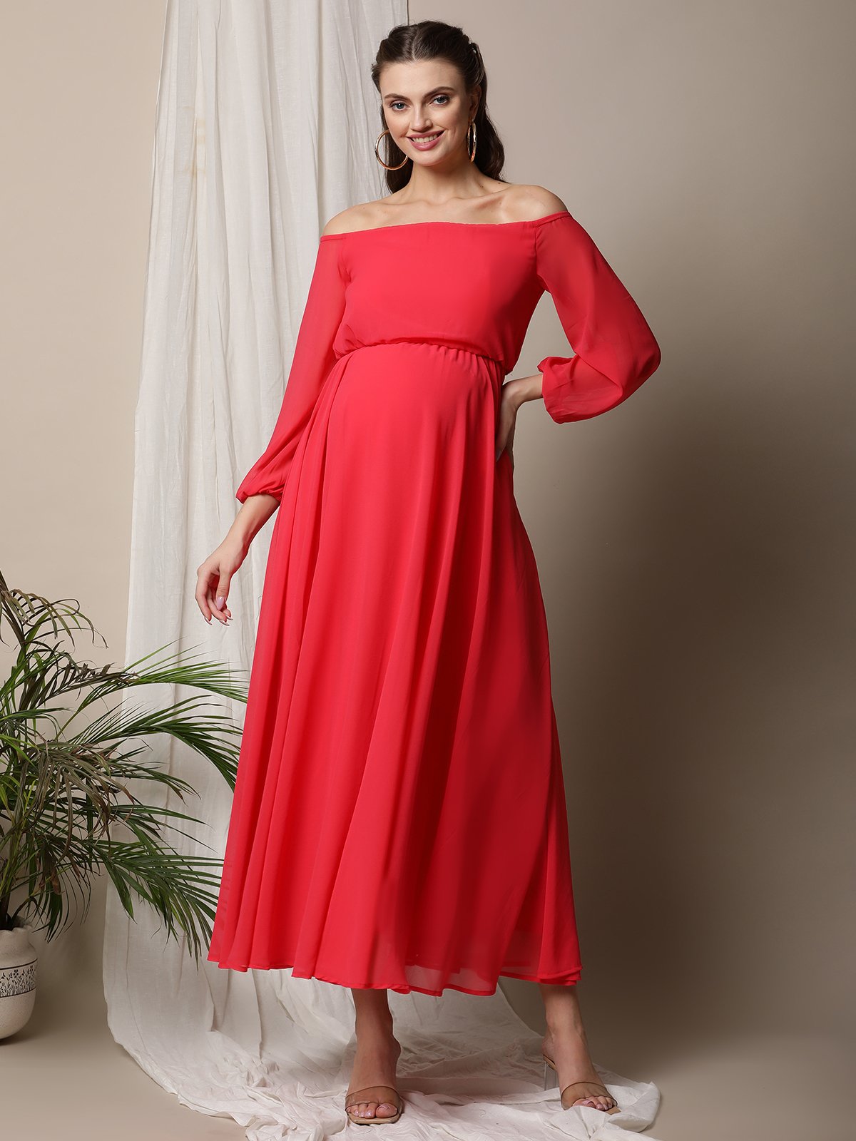 Off Shoulder Overlay Maternity Maxi Dress - Light Red