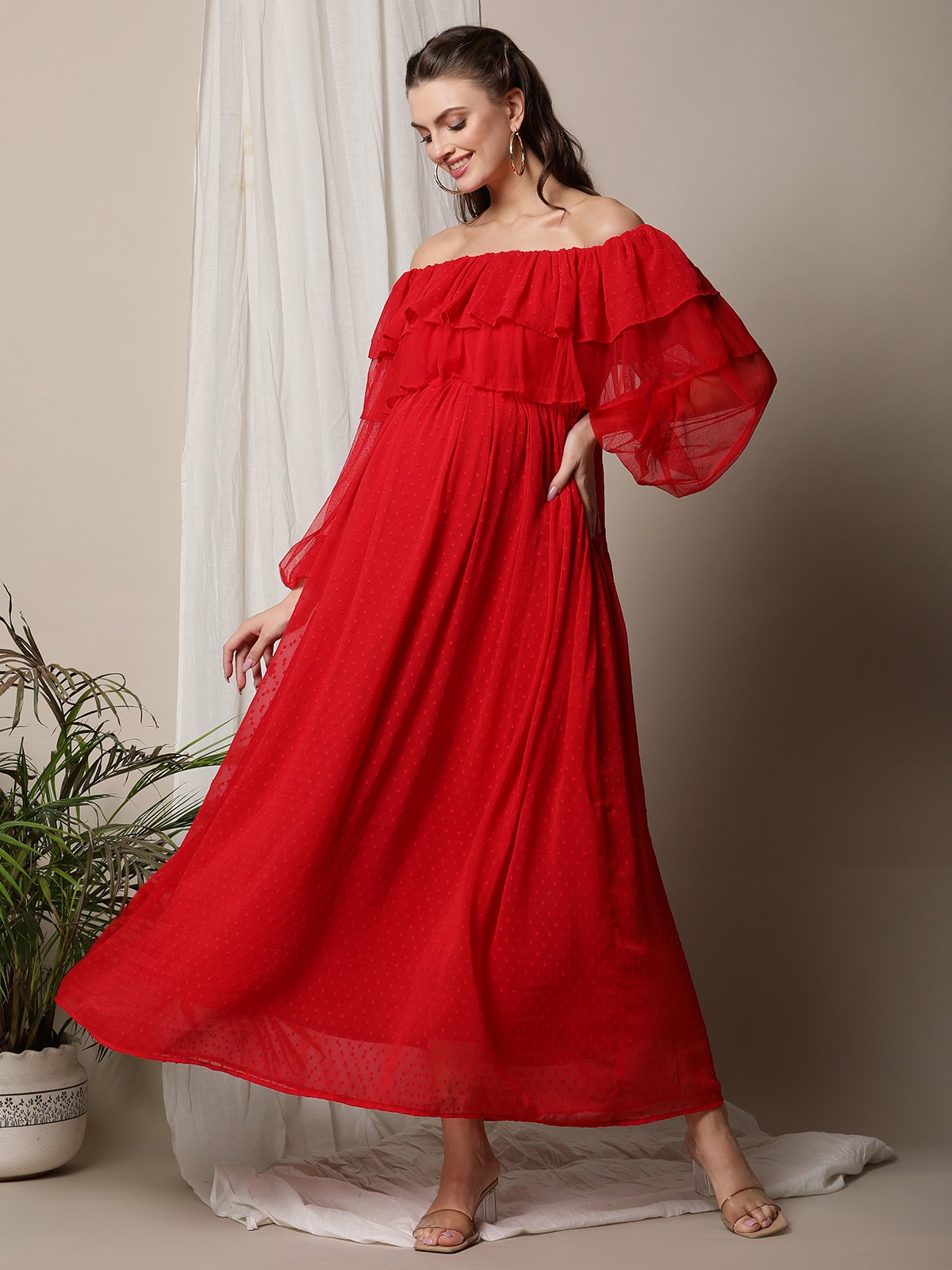 Off Shoulder Ruffle Top Maternity Maxi Dress - Red