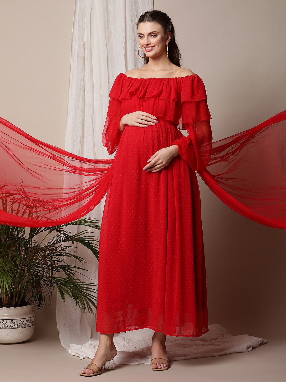 Red Pregnancy Maternity Photoshoot Dress with Long Train | eBay